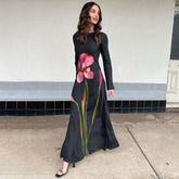 Vestido elegante, intelectual, con cuello redondo, manga larga, espalda ahuecada, corte y estampado.